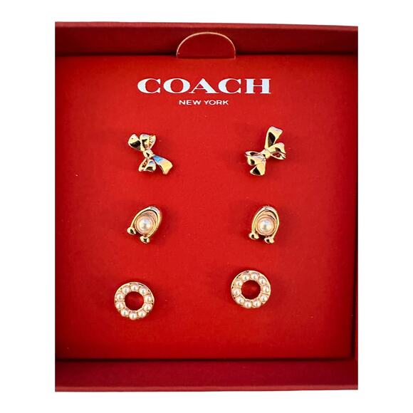 Coach Signature Pearl Bow Earrings Set - Picture 1 of 7